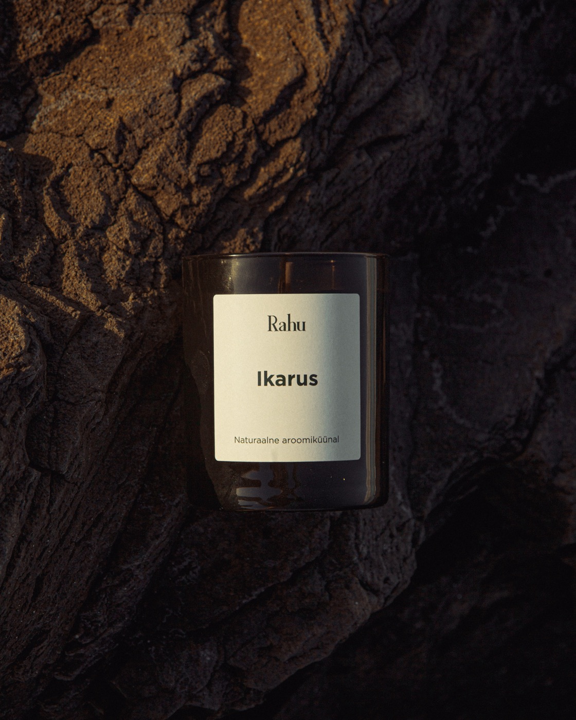 A Rahu candle resting against dark tree bark